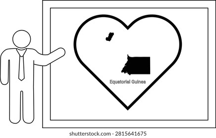 A simple line drawing of a man in a suit pointing to a heart shape containing a map of Equatorial Guinea.