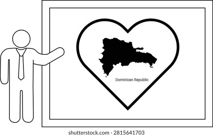 A simple line drawing of a man in a suit and tie pointing towards a large heart shape containing the silhouette of the Dominican Republic.
