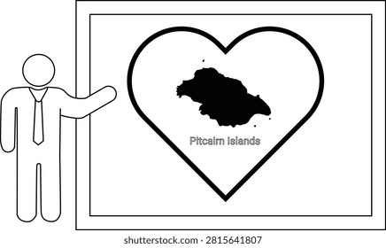 A simple line drawing of a man in a suit pointing to a heart shape containing a map of the Pitcairn Islands.