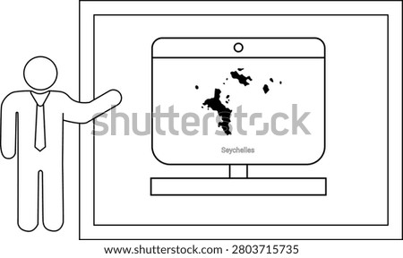 A simple line drawing of a man in a suit pointing to a computer monitor displaying the map of Seychelles.