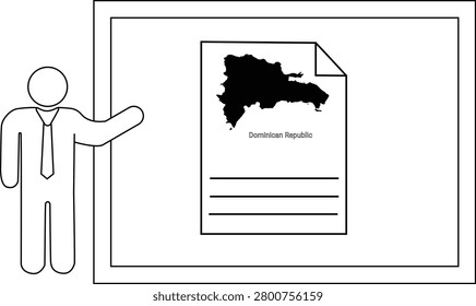 A simple line drawing of a man in a tie pointing to a screen displaying a map of the Dominican Republic and some text lines.