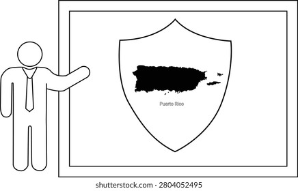 A simple line drawing of a man in a tie pointing to a shield containing a black silhouette of Puerto Rico.