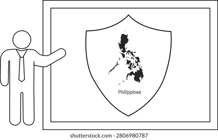 A simple line drawing of a man in a tie pointing to a shield with the map of the Philippines inside.