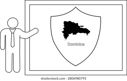 A simple line drawing of a man in a tie pointing to a shield with the map of the Dominican Republic inside.
