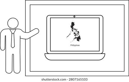 A simple line drawing of a man in a tie pointing to a laptop displaying the map of the Philippines.