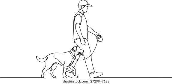 Un simple dibujo de línea de un hombre caminando con un perro con una correa, ambos moviéndose a la derecha, con detalles mínimos y un fondo blanco liso.