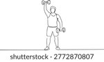 A simple line drawing of a man wearing a tank top and shorts, lifting a dumbbell with one hand while holding another dumbbell in the other hand, depicted in a minimalist style with bold lines and mini