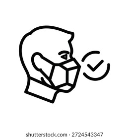 Desenho de linha simples de um homem usando uma máscara facial corretamente com uma marca de seleção