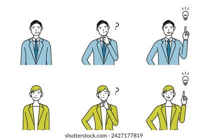 Simple line drawing of man and woman in suits(Middle-aged, president, supervisor), set of questions and ideas