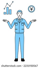 Simple line drawing of a Man in work clothes guiding an image of DXing,performance and sales improvement.
