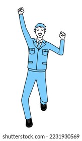 Simple line drawing of a Man in work clothes smiling and jumping.