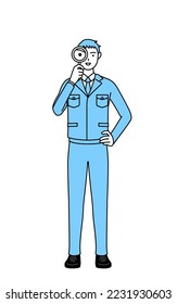 Simple line drawing of a Man in work clothes looking through magnifying glasses