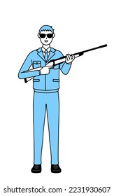 Simple line drawing of a Man in work clothes wearing sunglasses and holding a rifle.