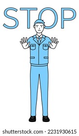 Simple line drawing of a Man in work clothes with his hand out in front of his body,signaling a stop.