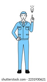 Simple line drawing of a Man in work clothes coming up with an idea.