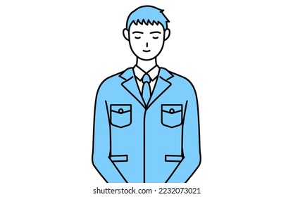 Einfache Linienzeichnung eines Mannes in Arbeitskleidung mit seinen Händen vor seinem Körper gefaltet.