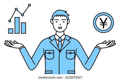 Simple line drawing of a Man in work clothes guiding an image of DXing,performance and sales improvement.