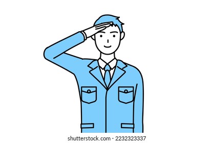 Simple line drawing of a Man in work clothes making a salute.