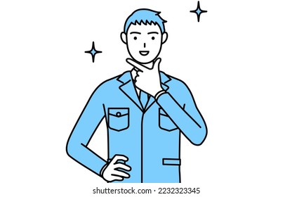 Simple line drawing of a Man in work clothes in a confident pose.