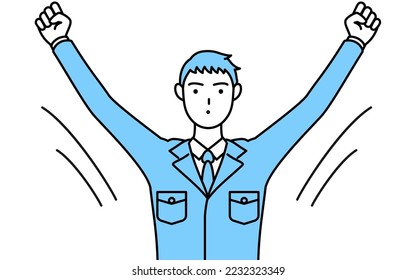 Simple line drawing of a man in work clothes doing radio calisthenics, preparation for accident prevention