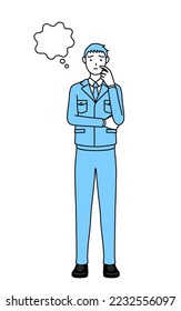 Dibujo simple de un hombre con ropa de trabajo pensando mientras rasca su cara.