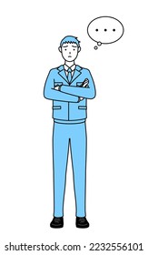 Simple line drawing of a Man in work clothes,arms crossed,thinking.