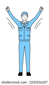 Simple line drawing of a man in work clothes doing radio calisthenics, preparation for accident prevention