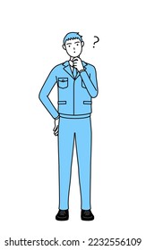 Dibujo simple de un hombre vestido de trabajo con preguntas.