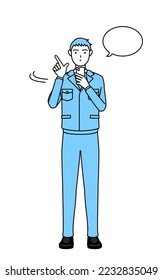 Simple line drawing of a Man in work clothes operating a smartphone.