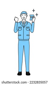 Simple line drawing of a Man in work clothes who is pleased to see a bankbook.