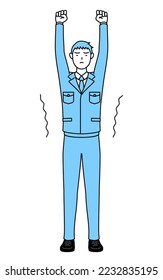 Simple line drawing of a Man in work clothes stretching and standing tall.