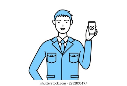 Simple line drawing of a Man in work clothes using a smartphone at work.