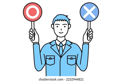 Simple line drawing of a Man in work clothes holding a stick indicating correct and incorrect answers.
