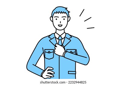 Simple line drawing of a Man in work clothes tapping his chest.