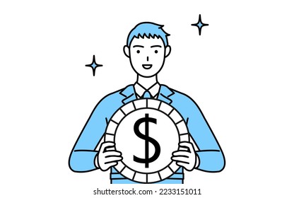 Sencillo dibujo de un hombre vestido de trabajo, con imágenes de ganancias en el tipo de cambio y apreciación del dólar.