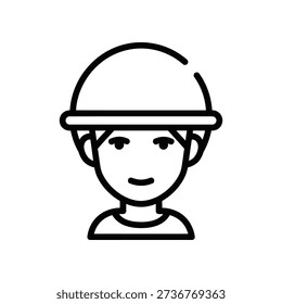 Simple line drawing of a man's face wearing a hard hat, symbolizing construction or industry.