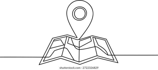 Desenho de linha simples de um mapa com um marcador de pino. Representa navegação, local, destino, viagem e pesquisa. Conceito abstrato para orientação e direção.