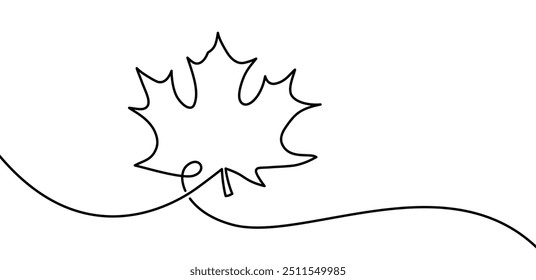 Simple line drawing of a maple leaf connected to a flowing line, perfect for minimalist and nature-inspired designs.