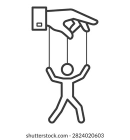 A simple line drawing of a marionette puppet being controlled by a hand, representing manipulation and control in a minimalist style