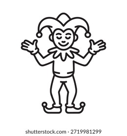 Un simple dibujo de línea de un bufón medieval con los brazos extendidos