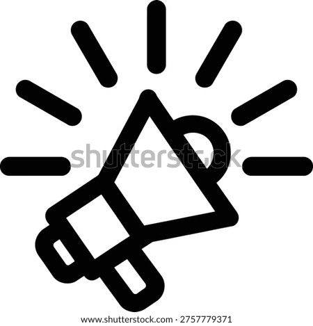 A simple line drawing of a megaphone with lines emanating from it, suggesting sound or announcement, on a plain white background