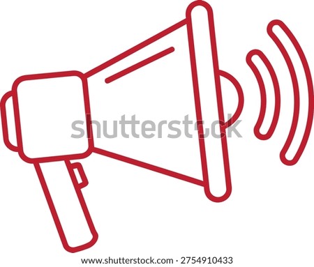 A simple line drawing of a megaphone with sound waves emanating from it, drawn in red on a white background
