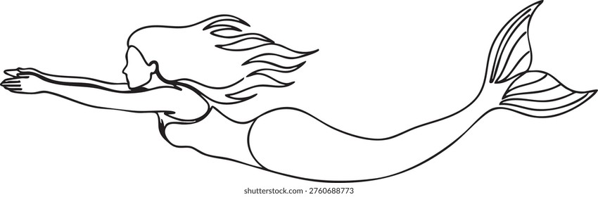 A simple line drawing of a mermaid with long wavy hair and a flowing tail swimming on her stomach with arms outstretched in a dynamic pose