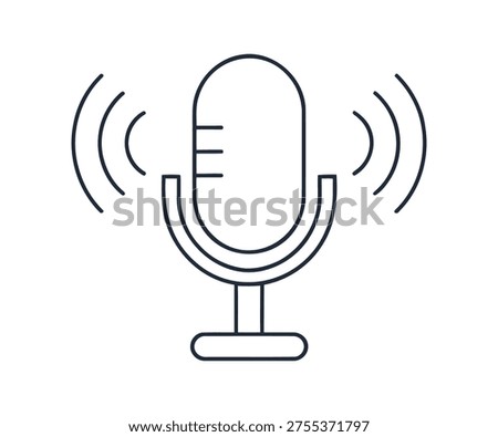A simple line drawing of a microphone with sound waves emanating from it on a plain white background.