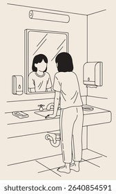 A simple line drawing in a minimalist style features a person standing before a mirror in a washroom