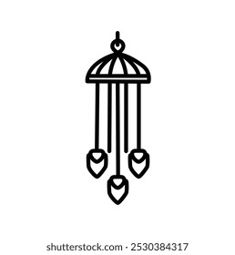 A simple line drawing of a mobile with hanging hearts.