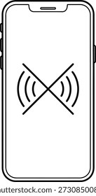Um desenho de linha simples de um telefone celular com um ícone de sinal riscado em sua tela, indicando nenhum sinal ou conexão de rede.