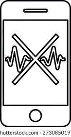 Um simples desenho de linha de um telefone celular com um sinal riscado ou ícone de rede em sua tela, indicando uma falta de conectividade ou força do sinal.