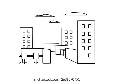 Simple line drawing modern cityscape office building rooftop