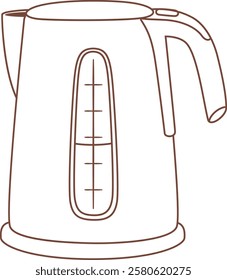 Simple line drawing of a modern electric kettle showing water level indicator, ideal for illustrations related to breakfast, hot drinks, or kitchen appliances